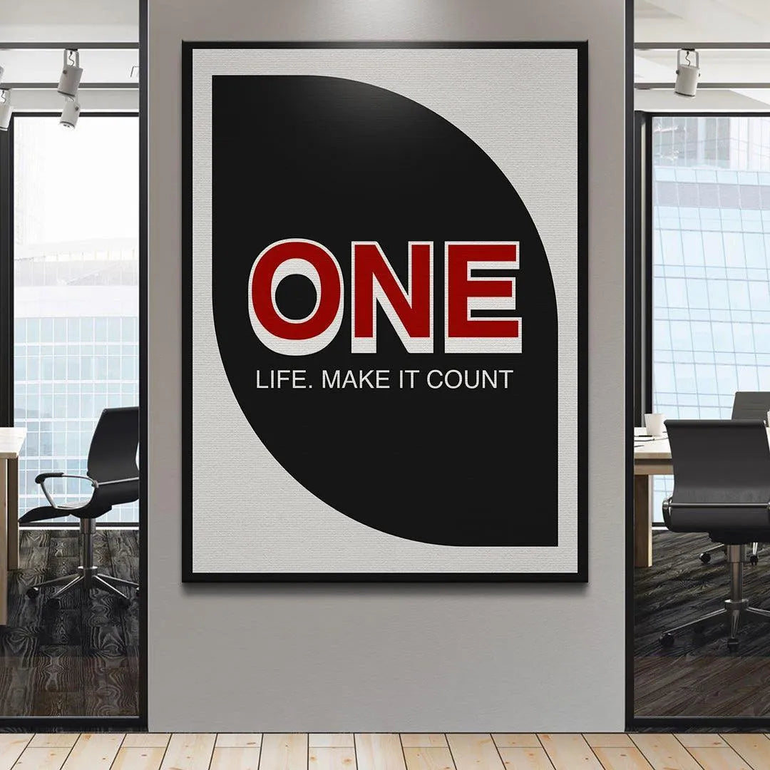 Angled shot of the framed graphic art emphasizing the shadow and depth of the 'Make It Count' statement piece.