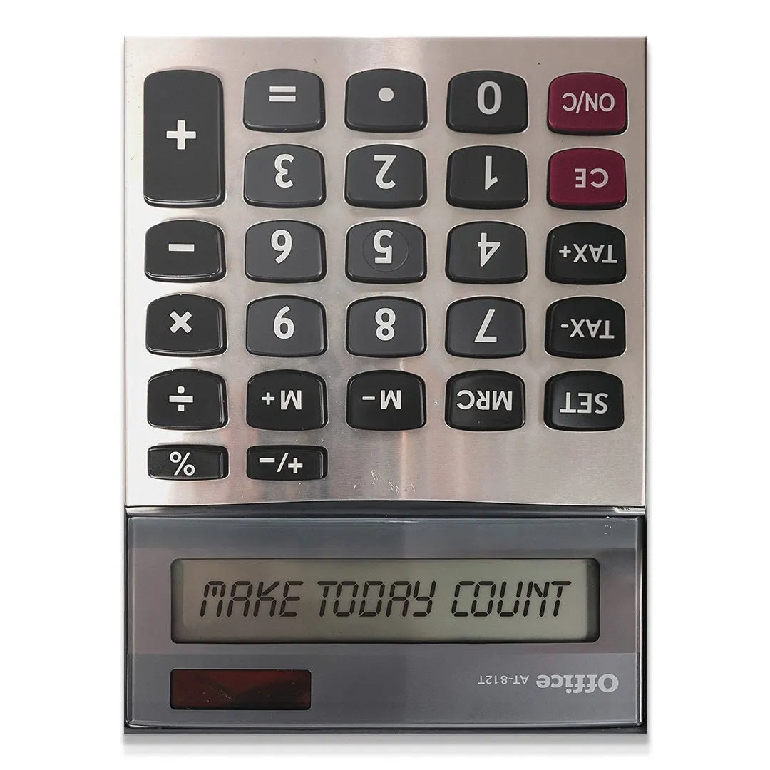 Full frontal view of the metallic desk calculator displaying "Make Today Count" on the screen.