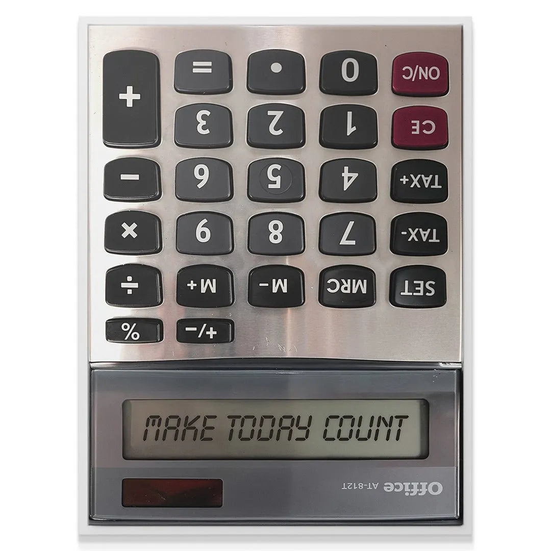 Angled shot highlighting the responsive texture of the black numerical buttons above the message Make Today Count.