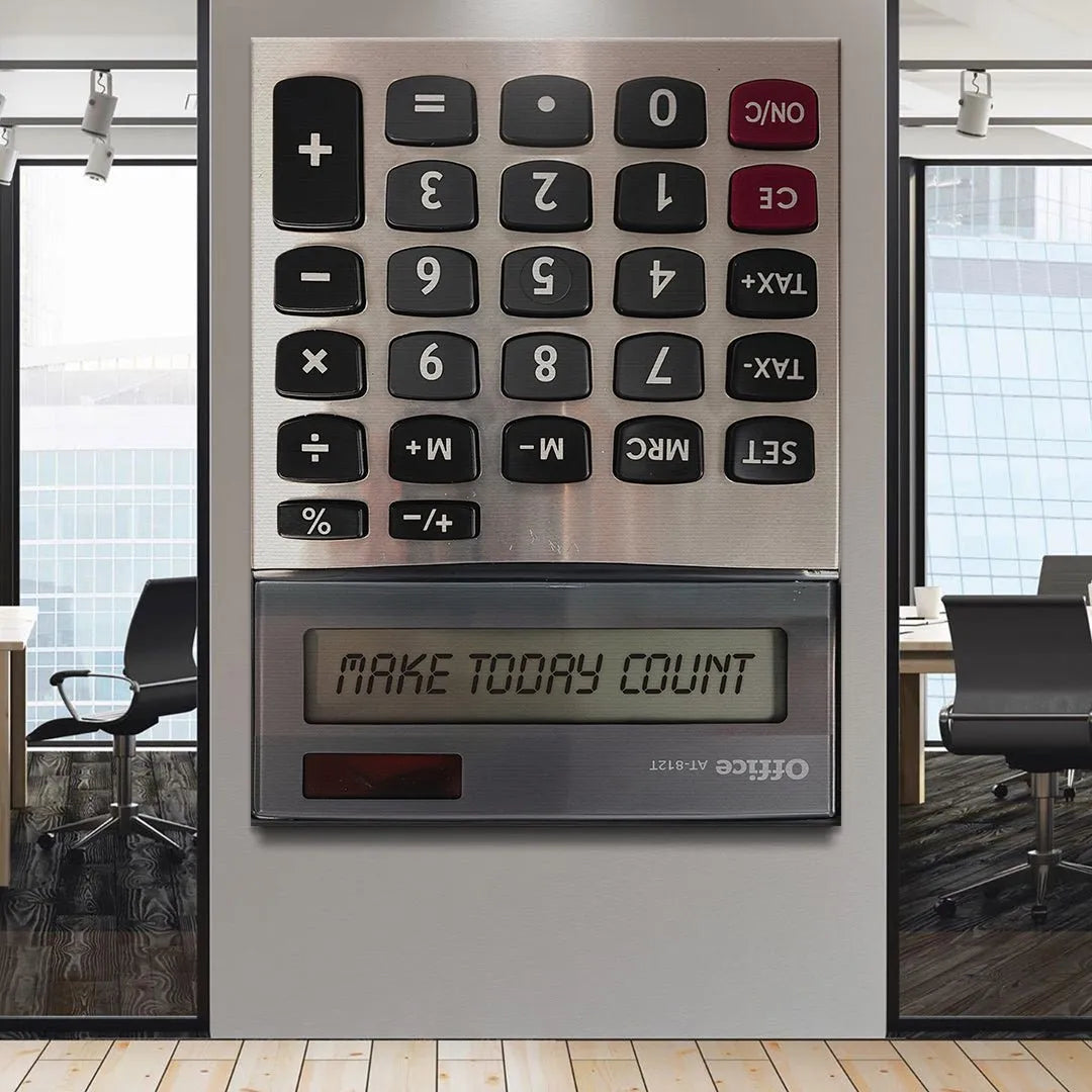 Overhead lifestyle shot of the calculator on a professional office desk reminding you to Make Today Count.