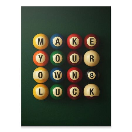 Full square layout view of the colorful pool balls spelling 'Make Your Own Luck - Billiards'.