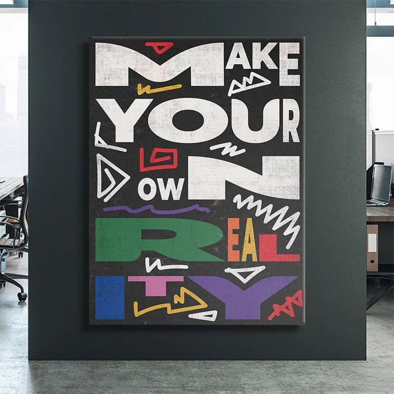 Corner angle capturing the layered, multi-color abstract elements surrounding the phrase "Make Your Own Reality."