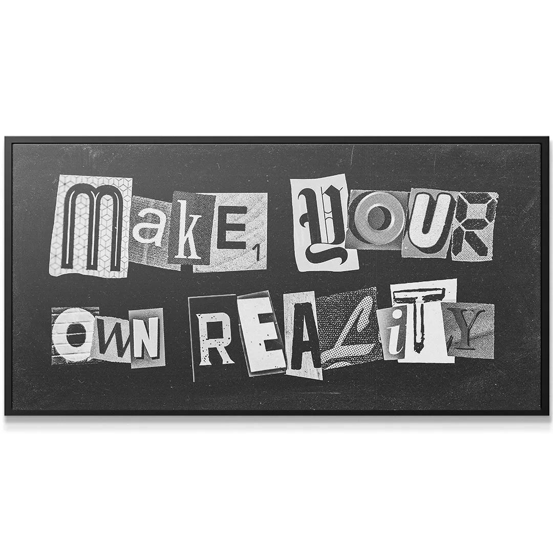 Panoramic view of 'Make Your Own Reality (Wide)' hanging in a minimalist living room setting.