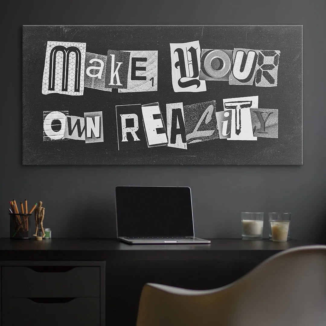 Angled shot showing the wide dimension and deep canvas wrap of 'Make Your Own Reality (Wide)'.