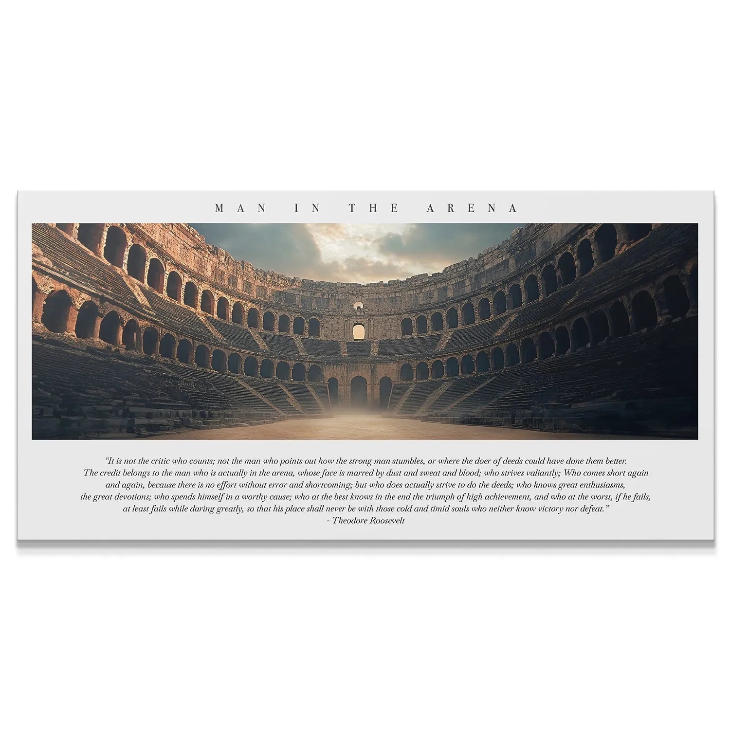 Full wide shot of the 'Man In The Arena' canvas displaying the amphitheater and complete quote text.