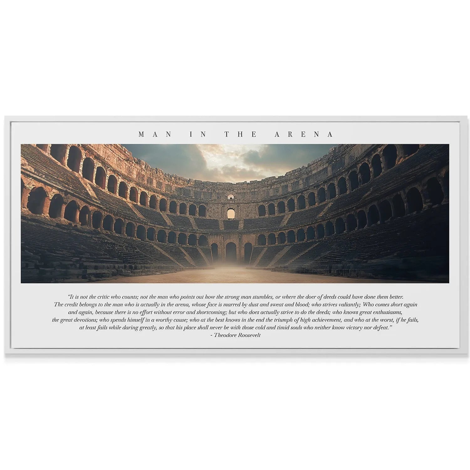 Dramatic overhead lighting angle highlighting the dusty floor of the 'Man In The Arena'.