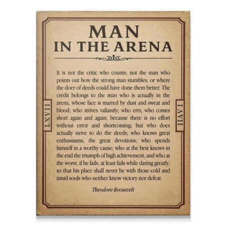Full, centered view of the rustic 'Man In the Arena - Ticket' print on a white background.