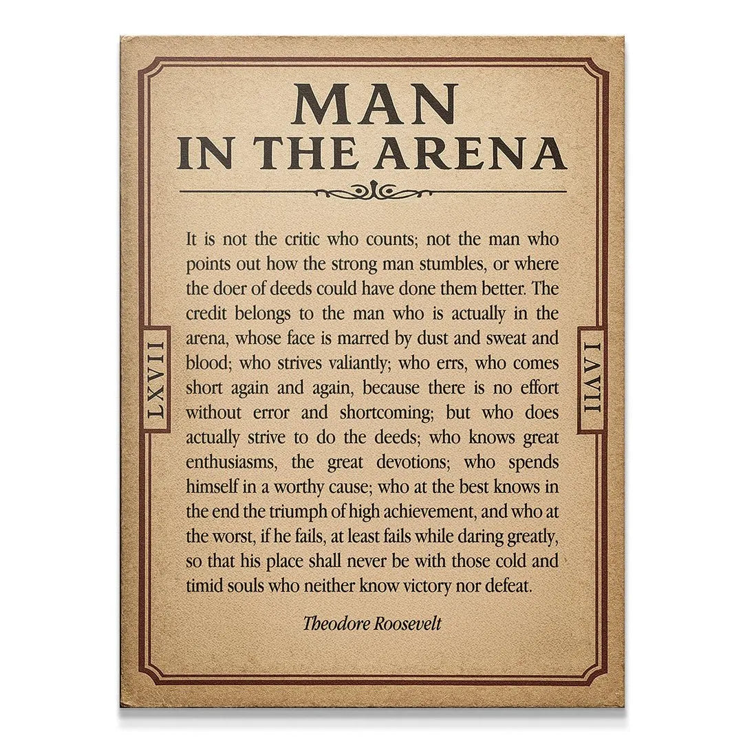 Full, centered view of the rustic 'Man In the Arena - Ticket' print on a white background.