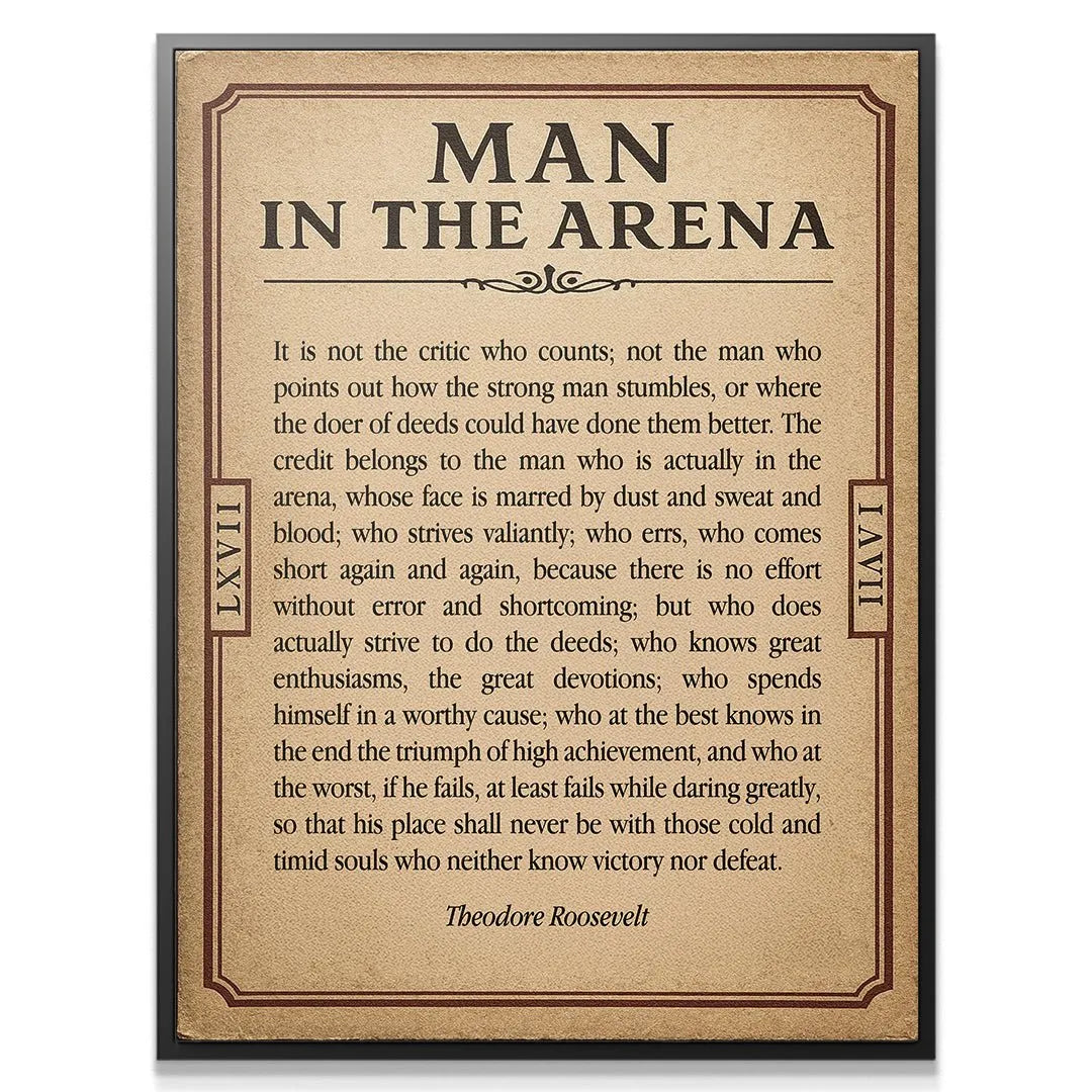 Close-up texture shot of the vintage paper detailing the border lines of the 'Man In the Arena - Ticket'.