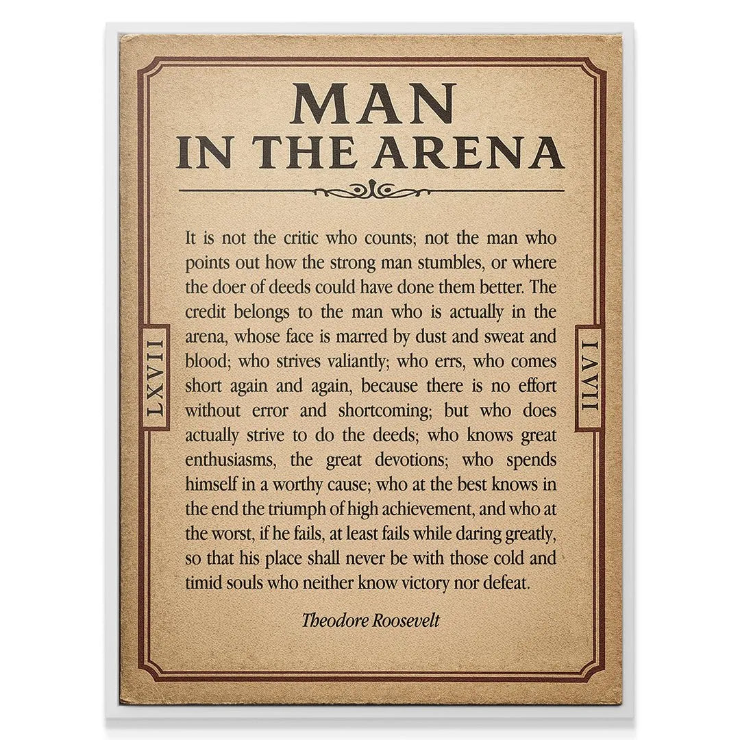 Detailed crop showing the main heading, 'MAN IN THE ARENA', on the decorative 'Man In the Arena - Ticket'.