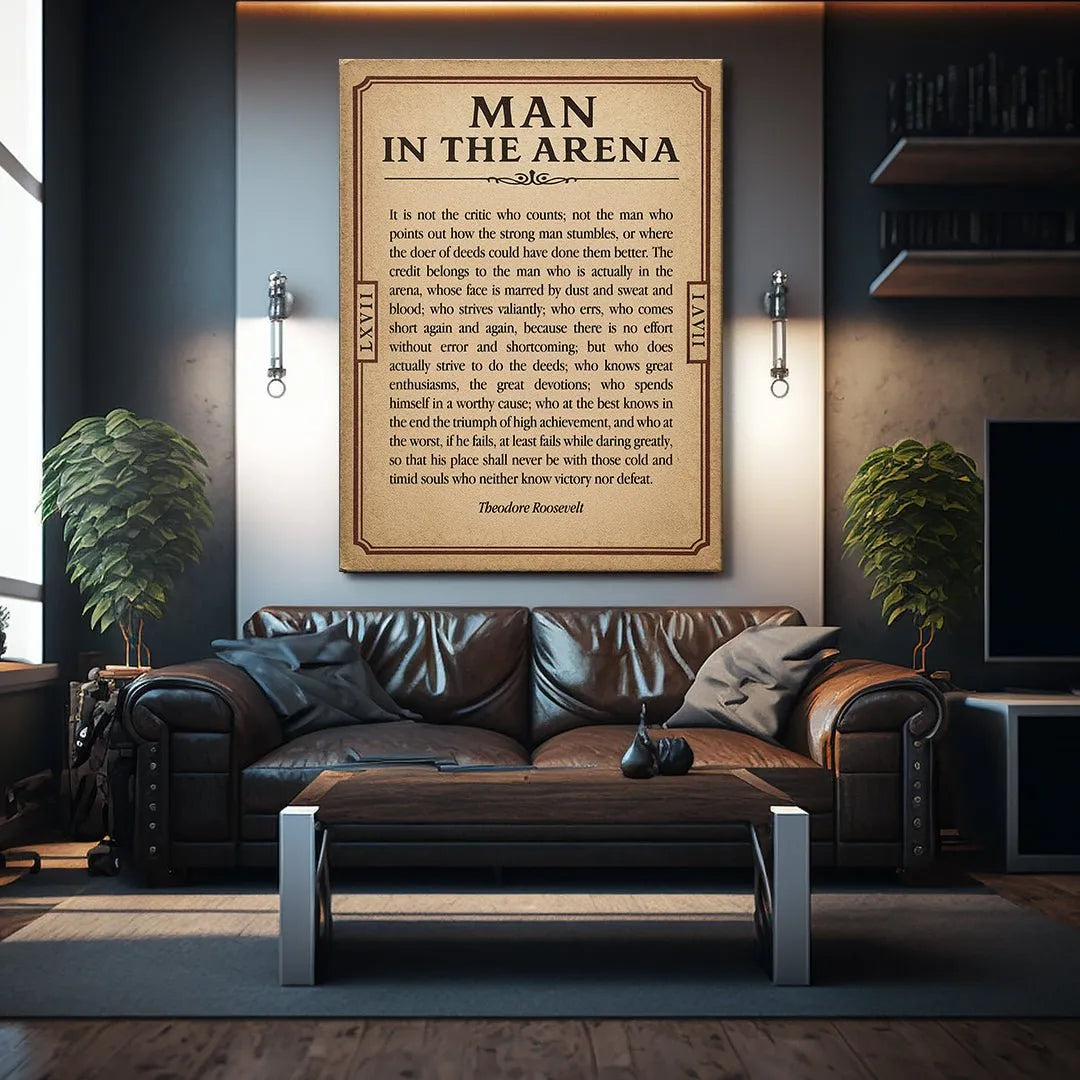 Angled side view of the thick, textured cardstock used for the 'Man In the Arena - Ticket' quote print.