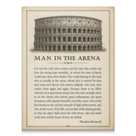 Full view of the antique-style 'Man In the Arena - Type' poster featuring the Colosseum illustration and Roosevelt's text.