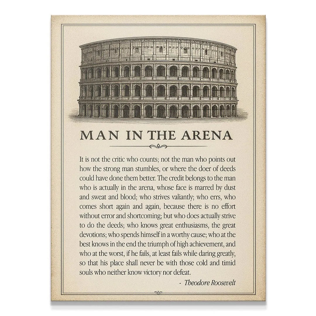 Full view of the antique-style 'Man In the Arena - Type' poster featuring the Colosseum illustration and Roosevelt's text.