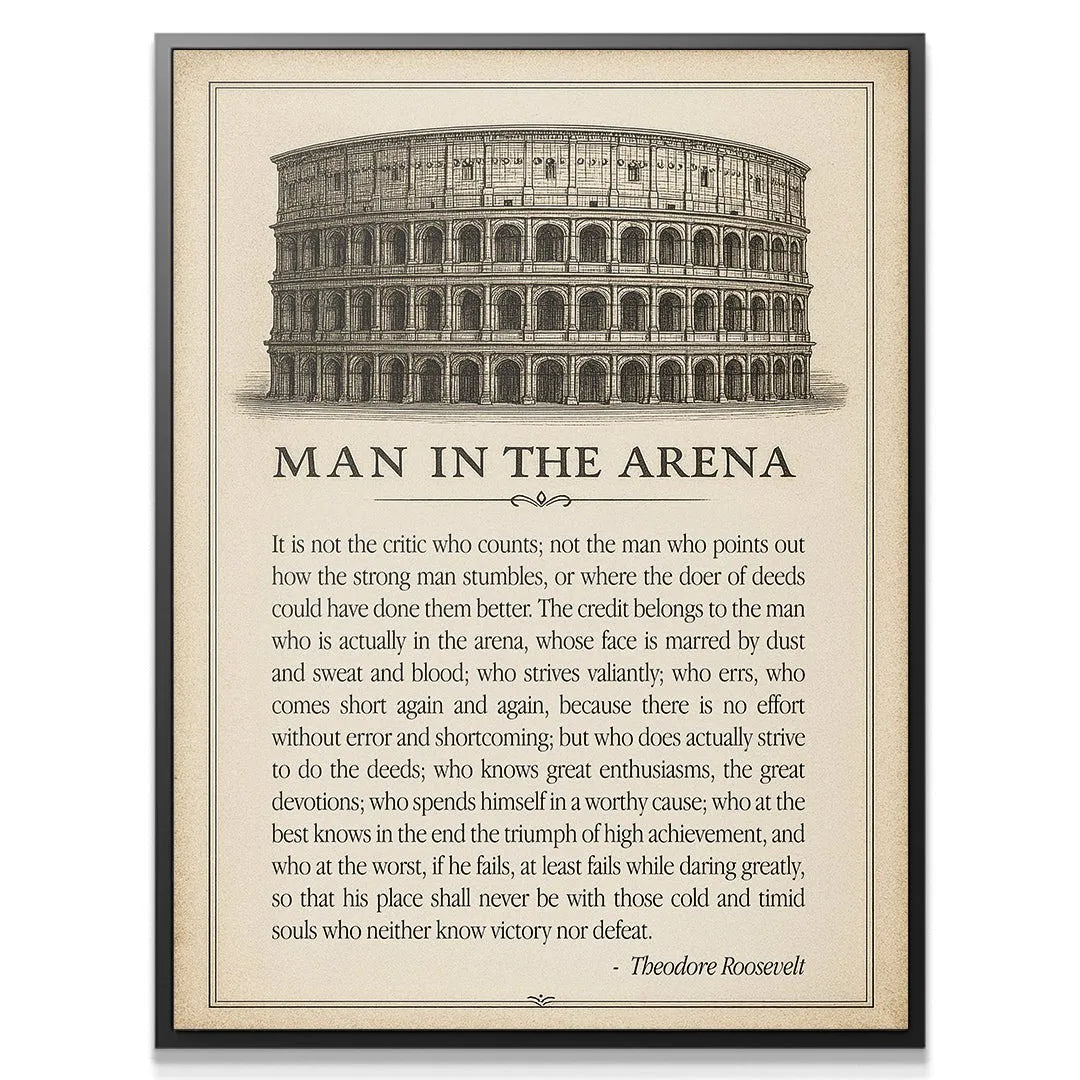 Close-up detail of the vintage paper texture used for the 'Man In the Arena - Type' motivational quote print.