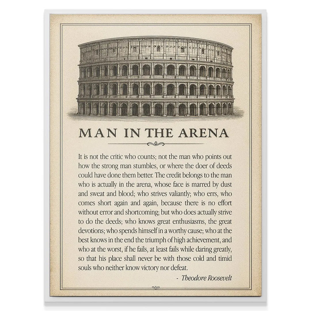 Corner angle photograph highlighting the crisp typography of the 'Man In the Arena - Type' speech excerpt.