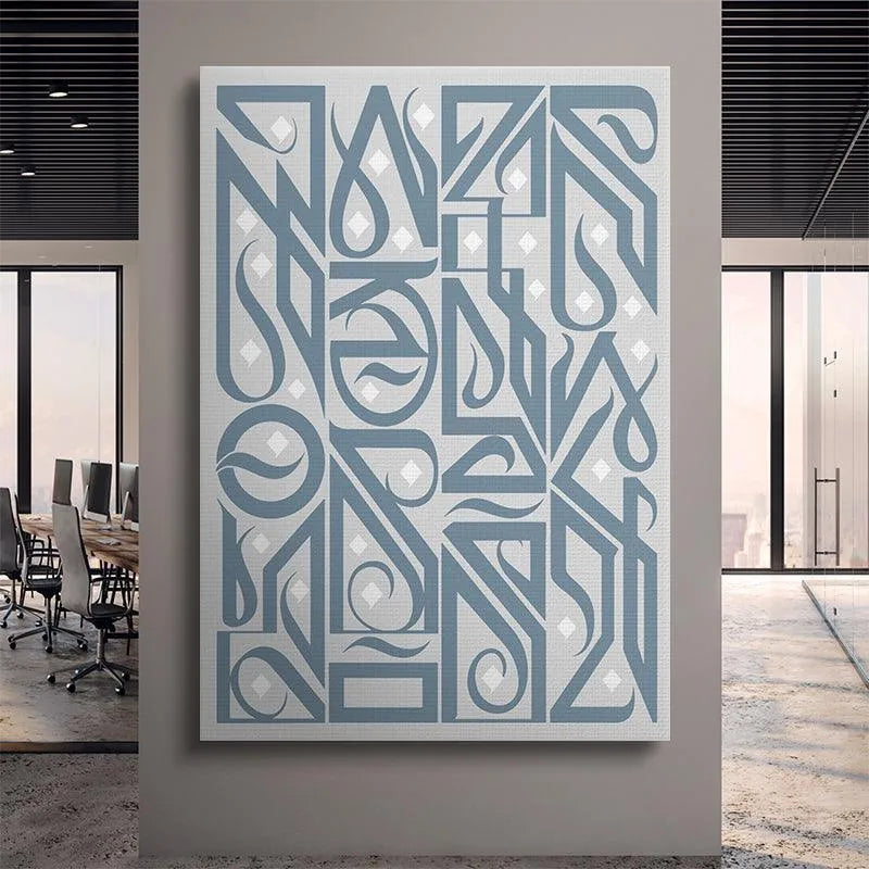 Lifestyle shot of the Manifest Blue Dream artwork positioned above a minimalist sofa in a contemporary interior.