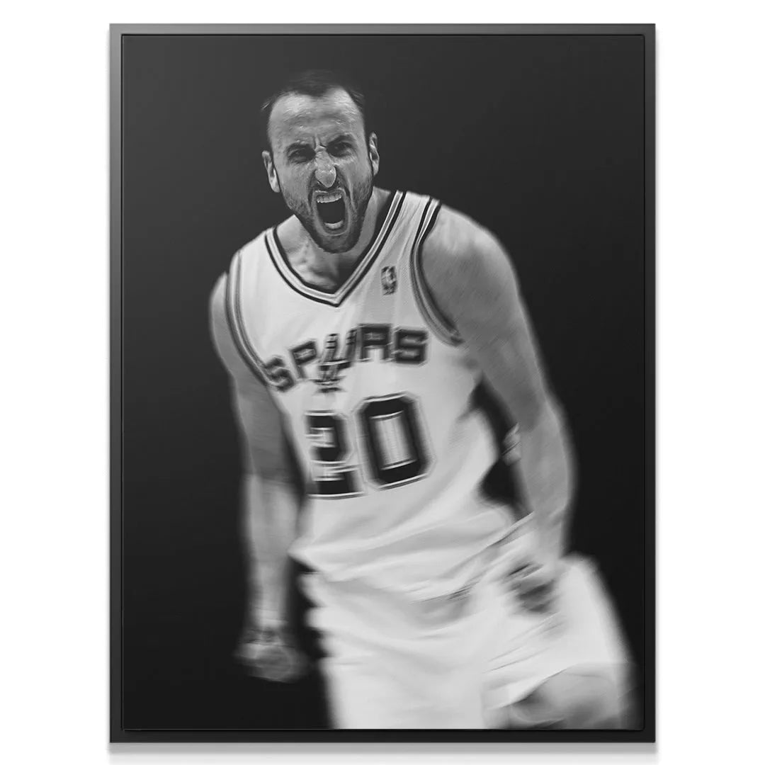 Full action shot capturing the motion blur of NBA star Manu Ginobili - #1 in his white Spurs jersey.