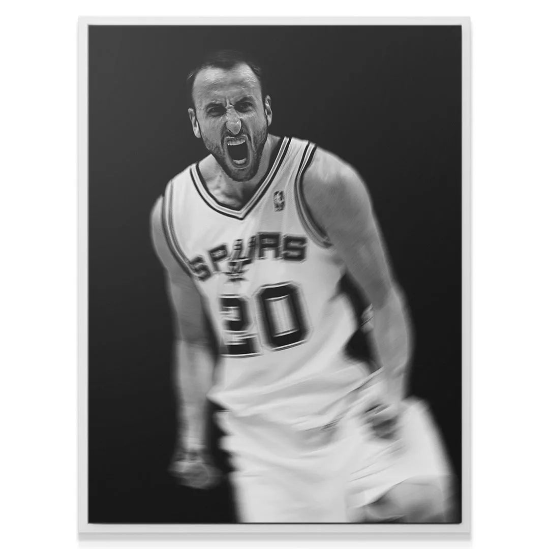 Textured canvas print of the dramatic black and white photograph featuring Manu Ginobili - #1.