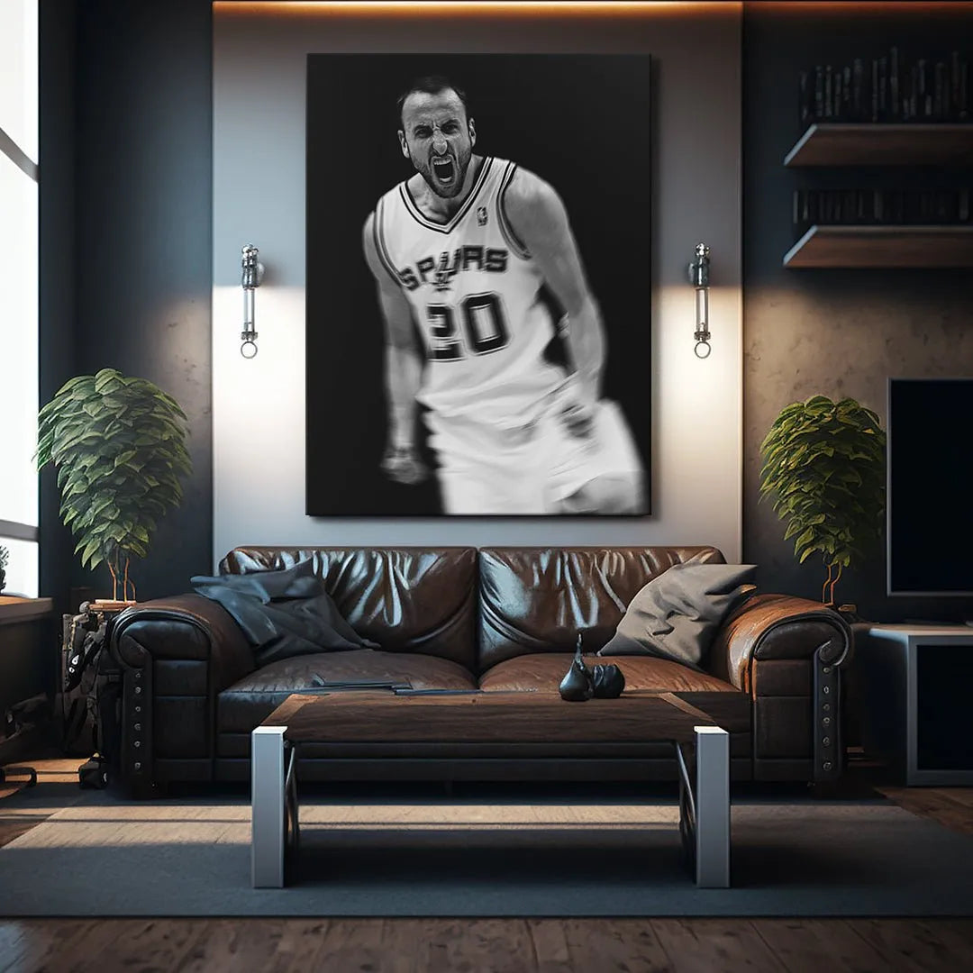 Low angle view emphasizing the fierce commitment of the Argentine shooting guard, featured in Manu Ginobili - #1.