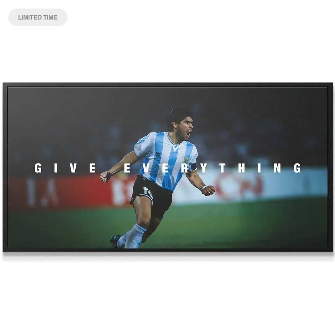 Close-up on Maradona's intense facial expression and energy captured in the 'Maradona - Give Everything - 2' print.