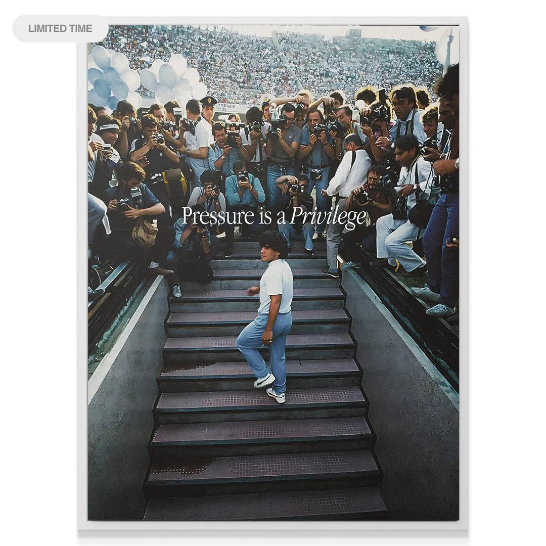 Wide shot capturing the mass of photographers and the crowd: Maradona - Pressure Is A Privilege