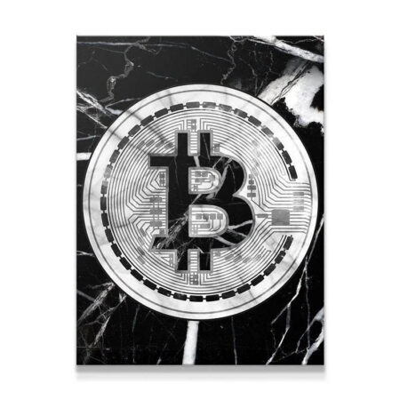 Close-up detail of the complex circuit board lines overlaid on the central 'B' symbol of the Marble Bitcoin print.