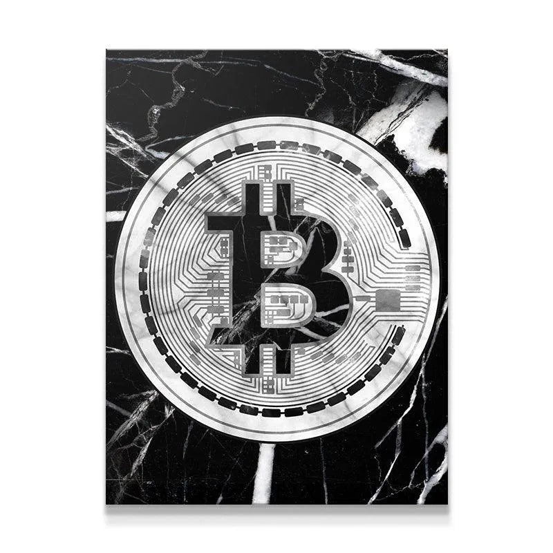 Close-up detail of the complex circuit board lines overlaid on the central 'B' symbol of the Marble Bitcoin print.