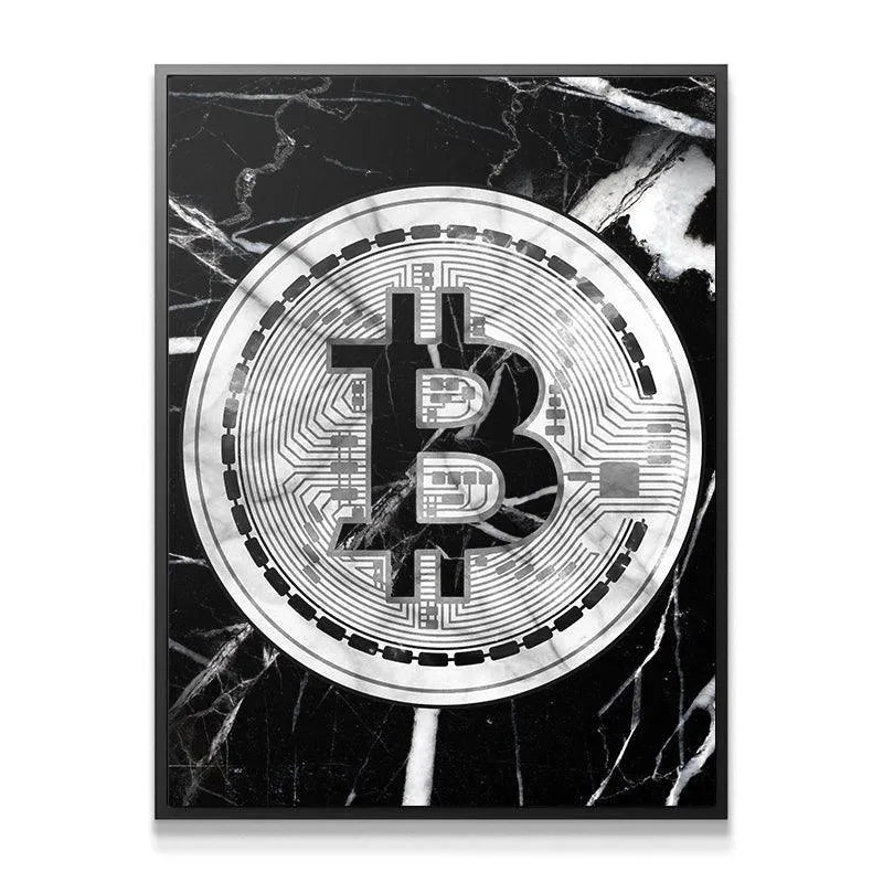 Full frontal view of the striking black and white textured Marble Bitcoin artwork on stretched canvas.