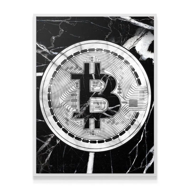Angled shot showcasing the deep black marble veins intersecting the circular white Bitcoin emblem on the print.