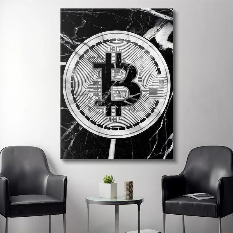 Lifestyle presentation of the rectangular Marble Bitcoin canvas hanging above a minimalist office desk.
