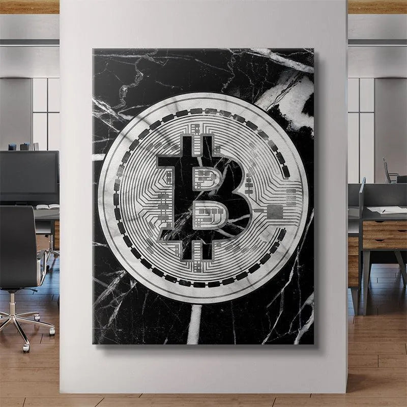 Texture focus on the high-resolution printing of the stone surface details in the Marble Bitcoin art piece.