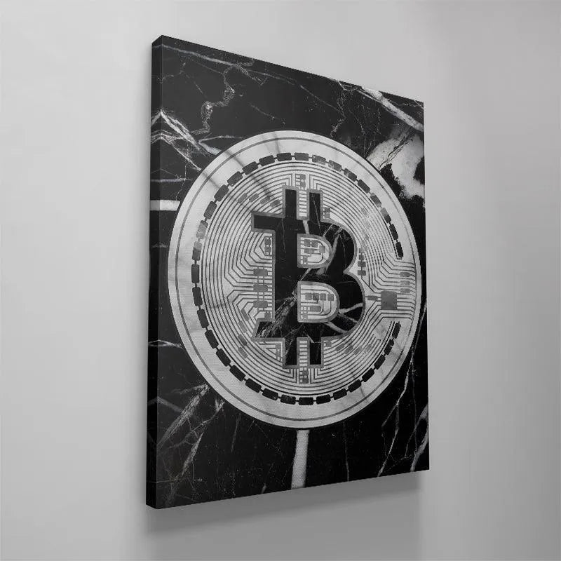 The clean white border surrounding the central Bitcoin logo against the dark background in the Marble Bitcoin picture.