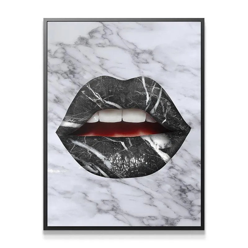 Contemporary black and white 'Marble Lips' print framed for luxury home decor settings.