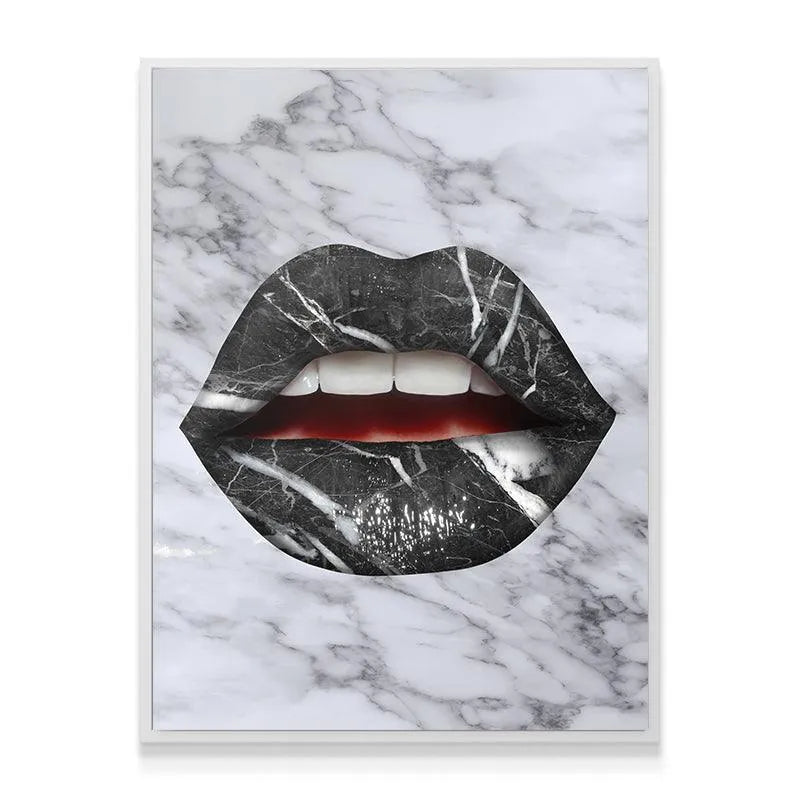 Detailed texture of the white veining across the black 'Marble Lips' canvas structure.