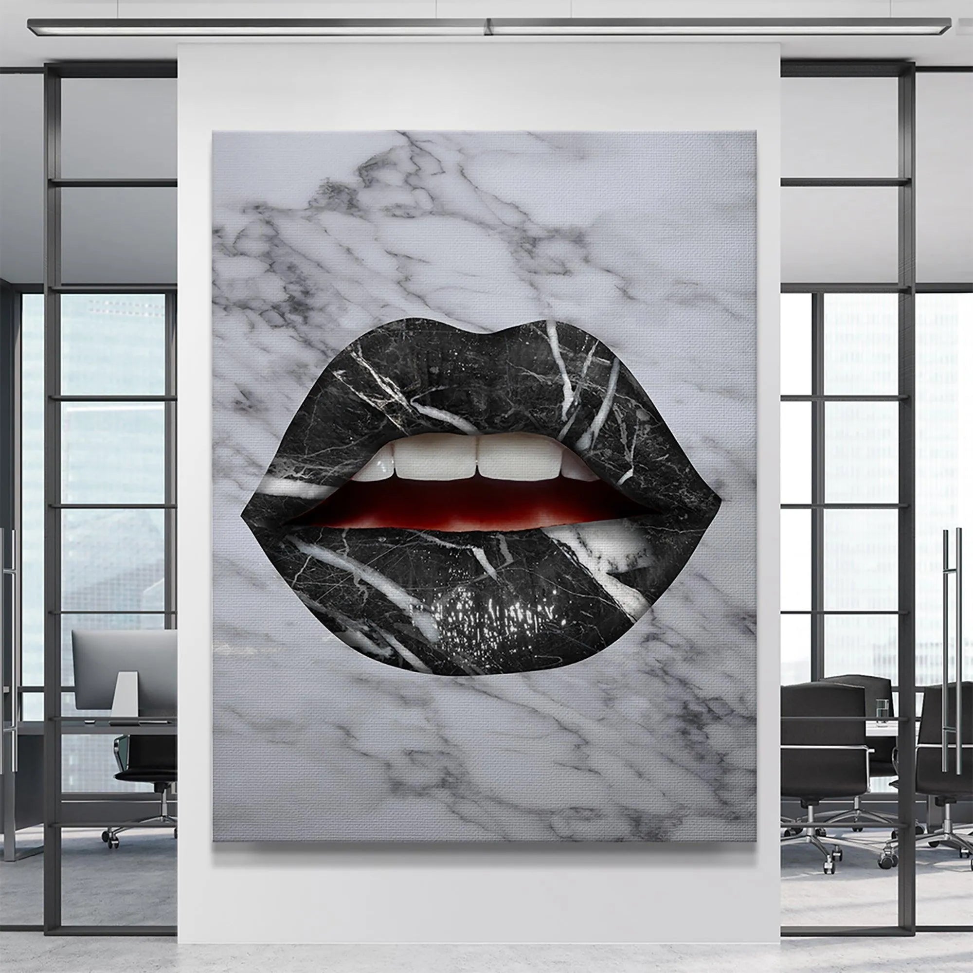 Side view of the canvas showing the depth and sharp contrast of the graphic 'Marble Lips' design.
