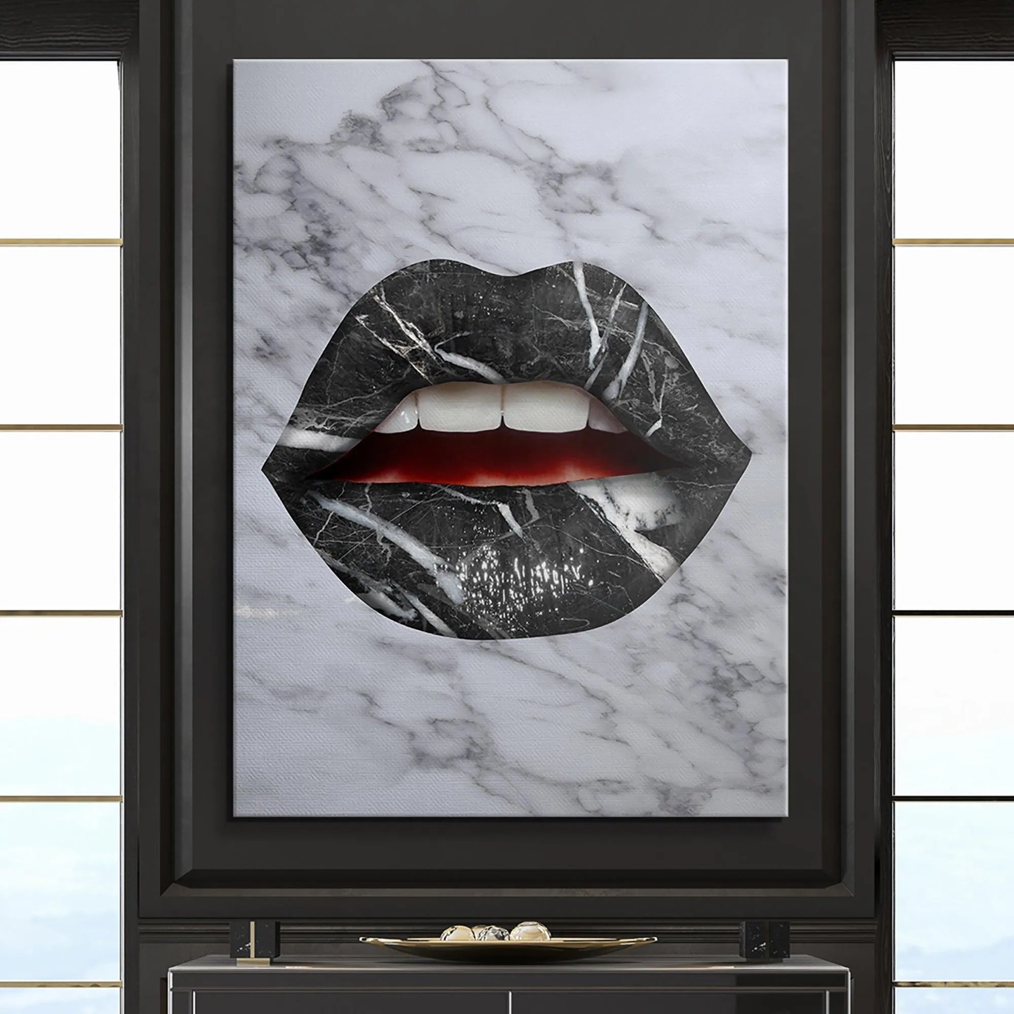Conceptual lifestyle shot of 'Marble Lips' artwork hanging above a modern minimalist sofa.