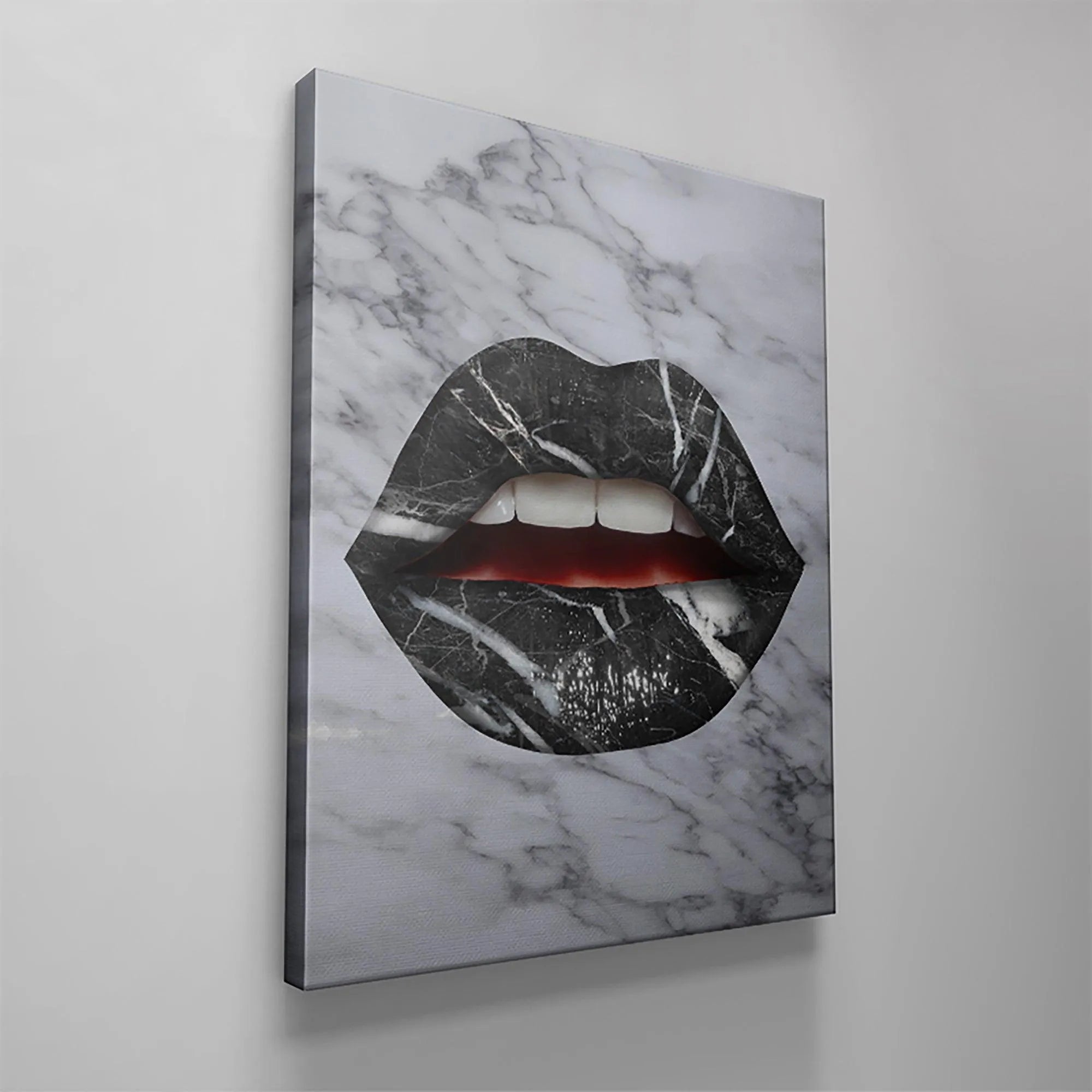 Pop art depiction of seductive 'Marble Lips' revealing exposed bright white teeth.
