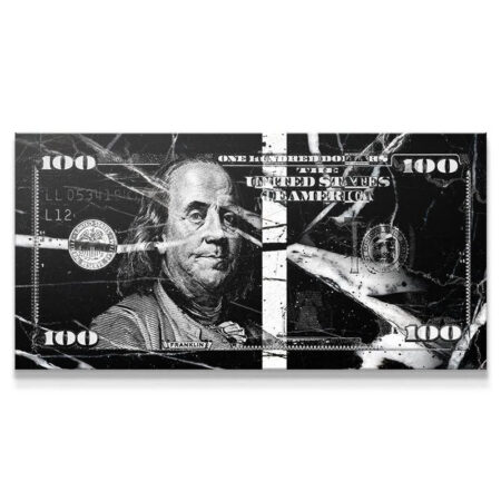 Full view of the Black and White Marble Money canvas print featuring Benjamin Franklin and abstract textures.