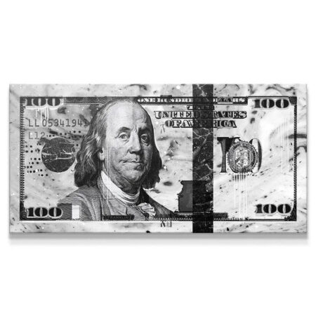 Full rectangular view of the Marble Money ( White Edition ) canvas art, centered on the $100 bill design.