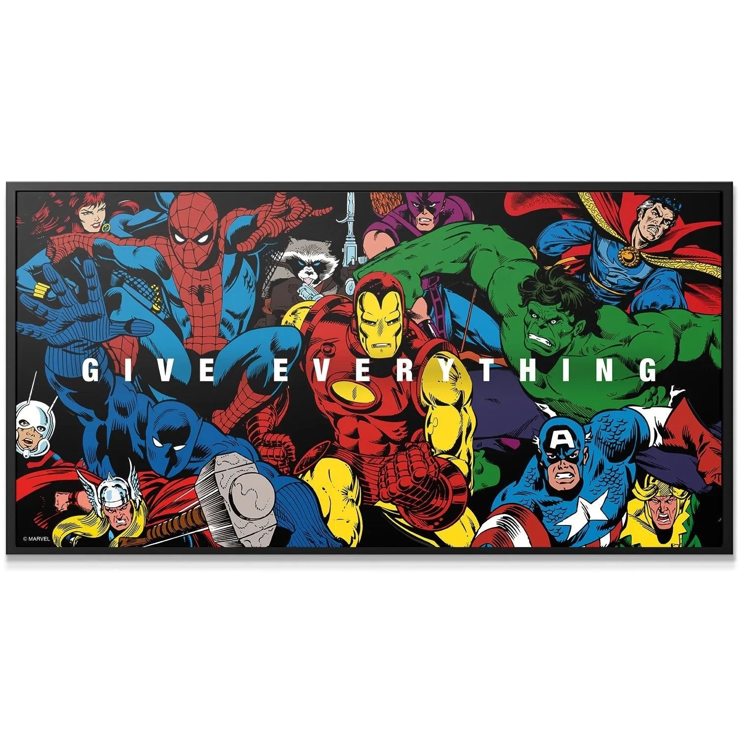 Close-up texture detail of the comic ink style and dot matrix patterning on the 'Marvel - Avengers - Give Everything' poster.