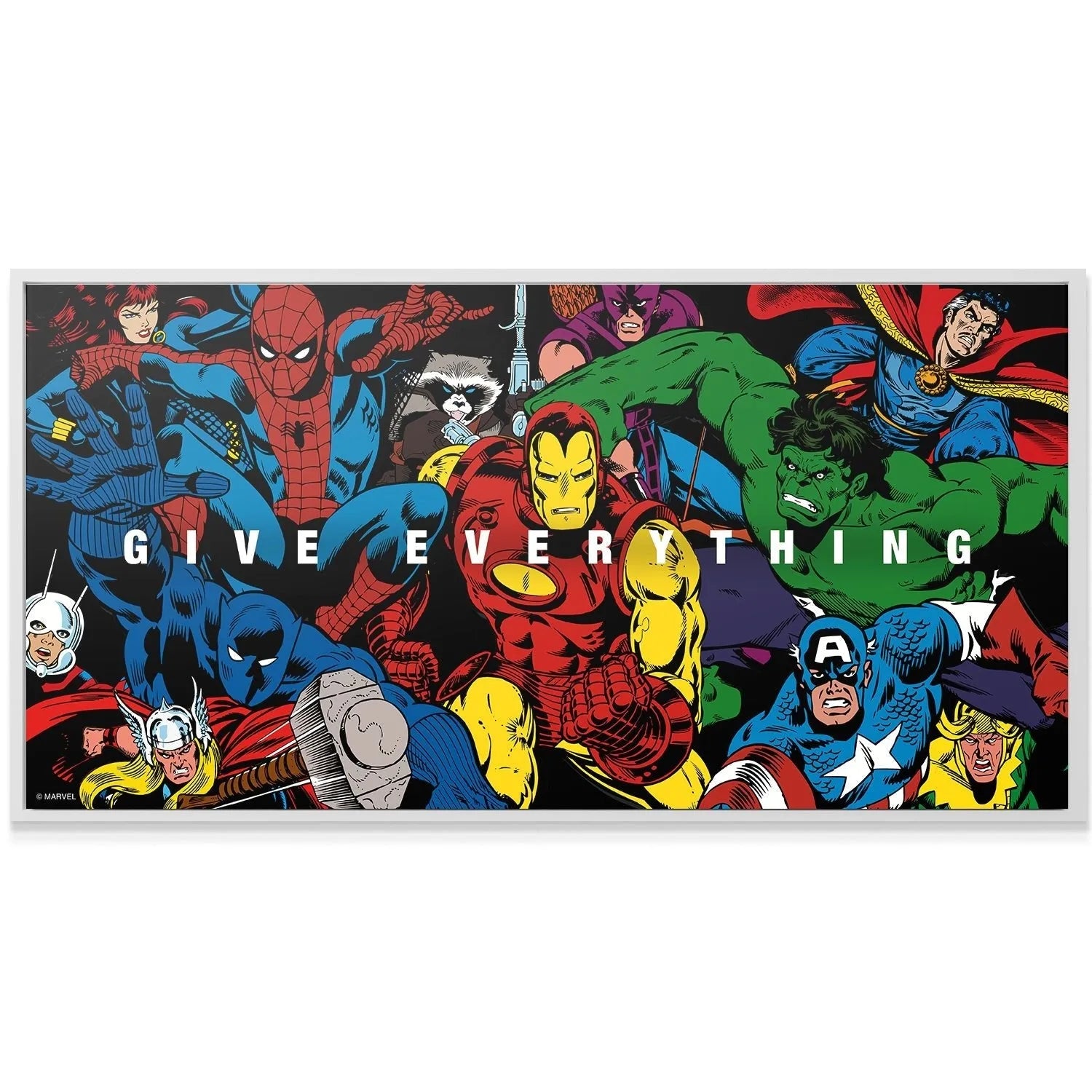 Wide-angle display of the framed 'Marvel - Avengers - Give Everything' artwork mounted prominently in a modern living room setting.