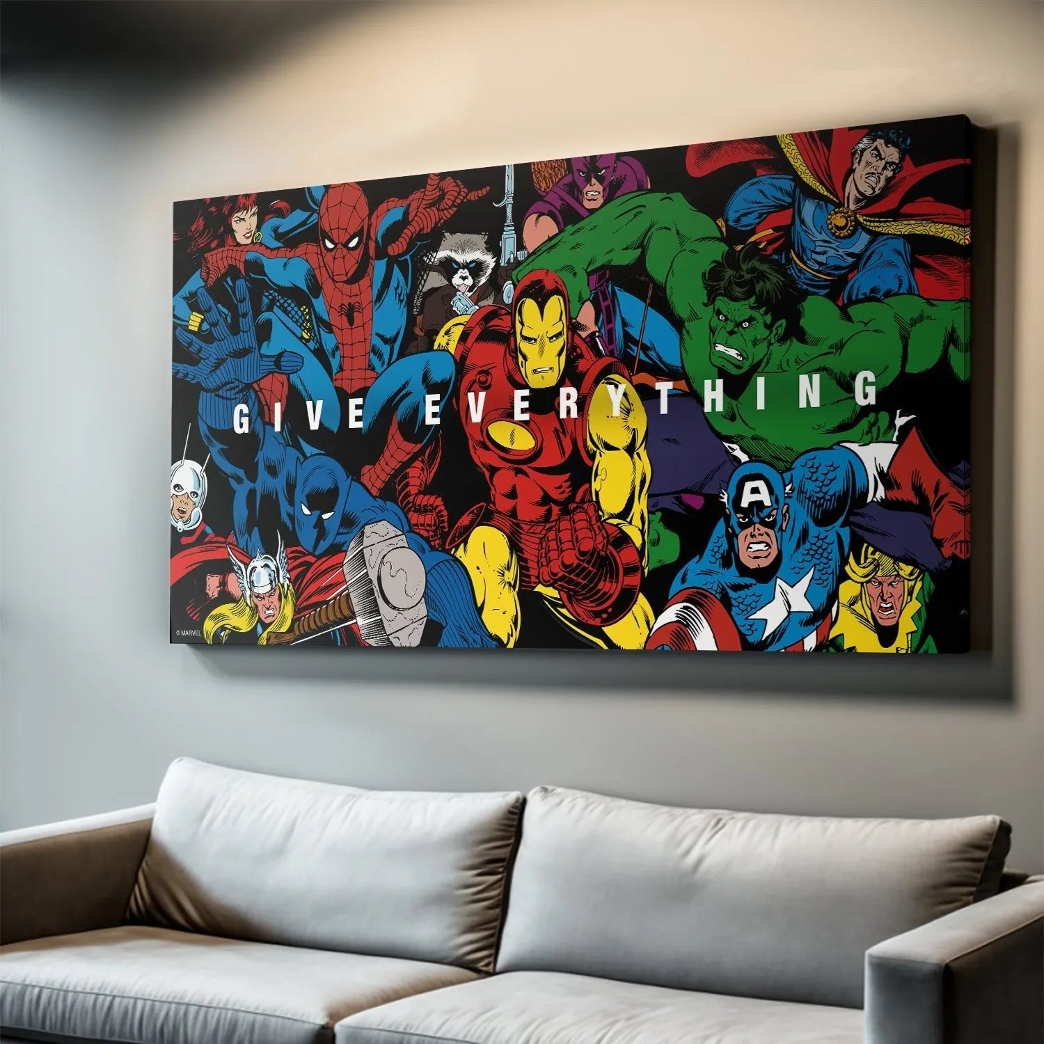 Side-profile perspective highlighting Captain America and Hulk's dynamic poses on the right side of the 'Marvel - Avengers - Give Everything' canvas.