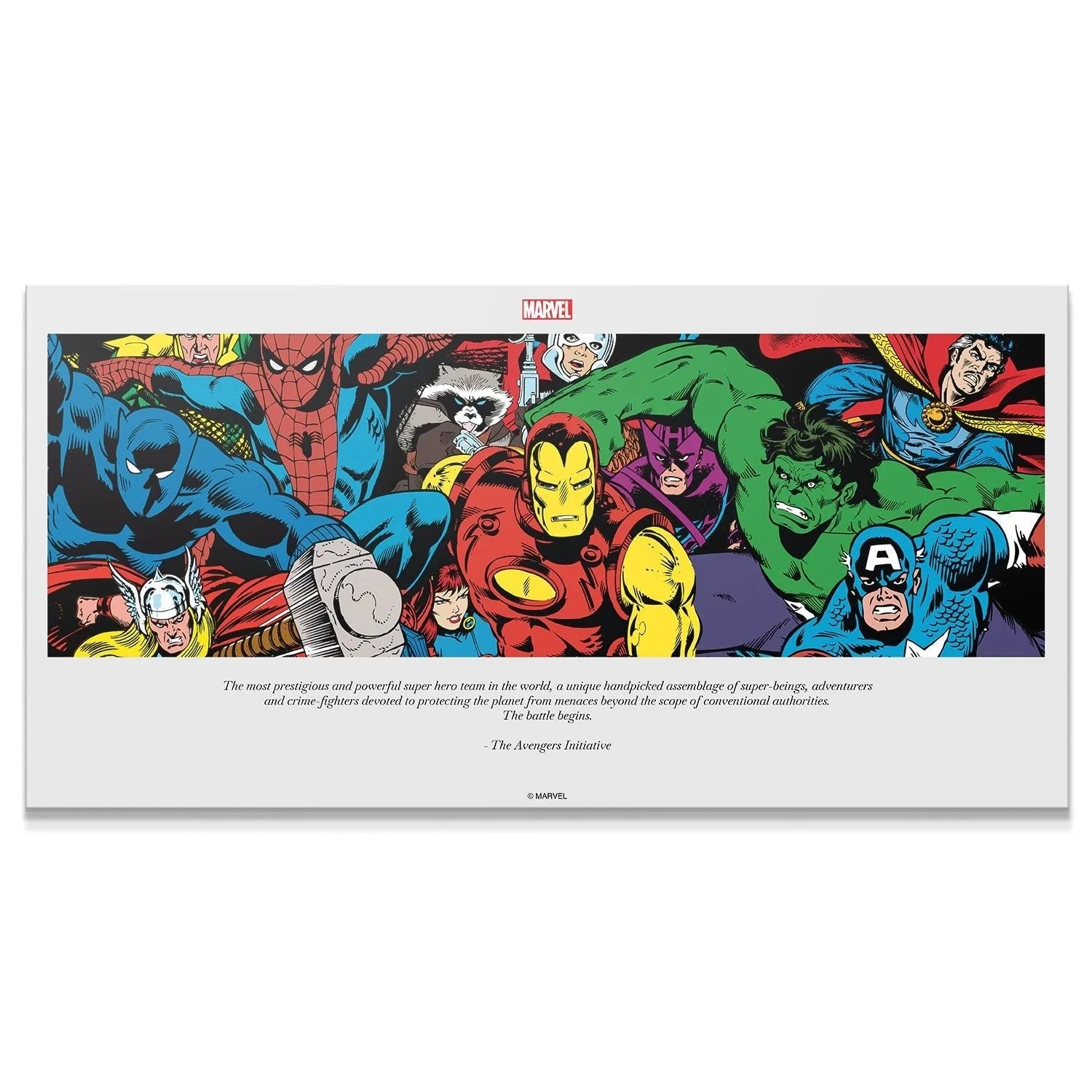 Panoramic view of vintage heroes featured in 'Marvel - Avengers - The Battle Begins' print.