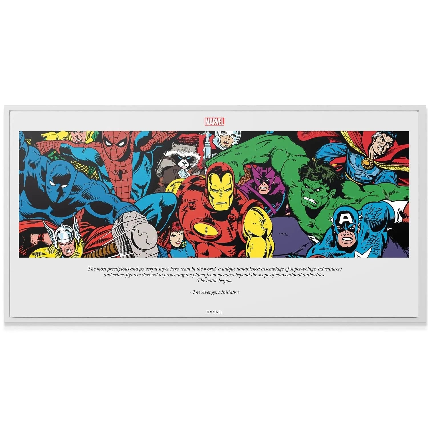 Wide shot showing the classic comic panel layout of 'Marvel - Avengers - The Battle Begins' roster.
