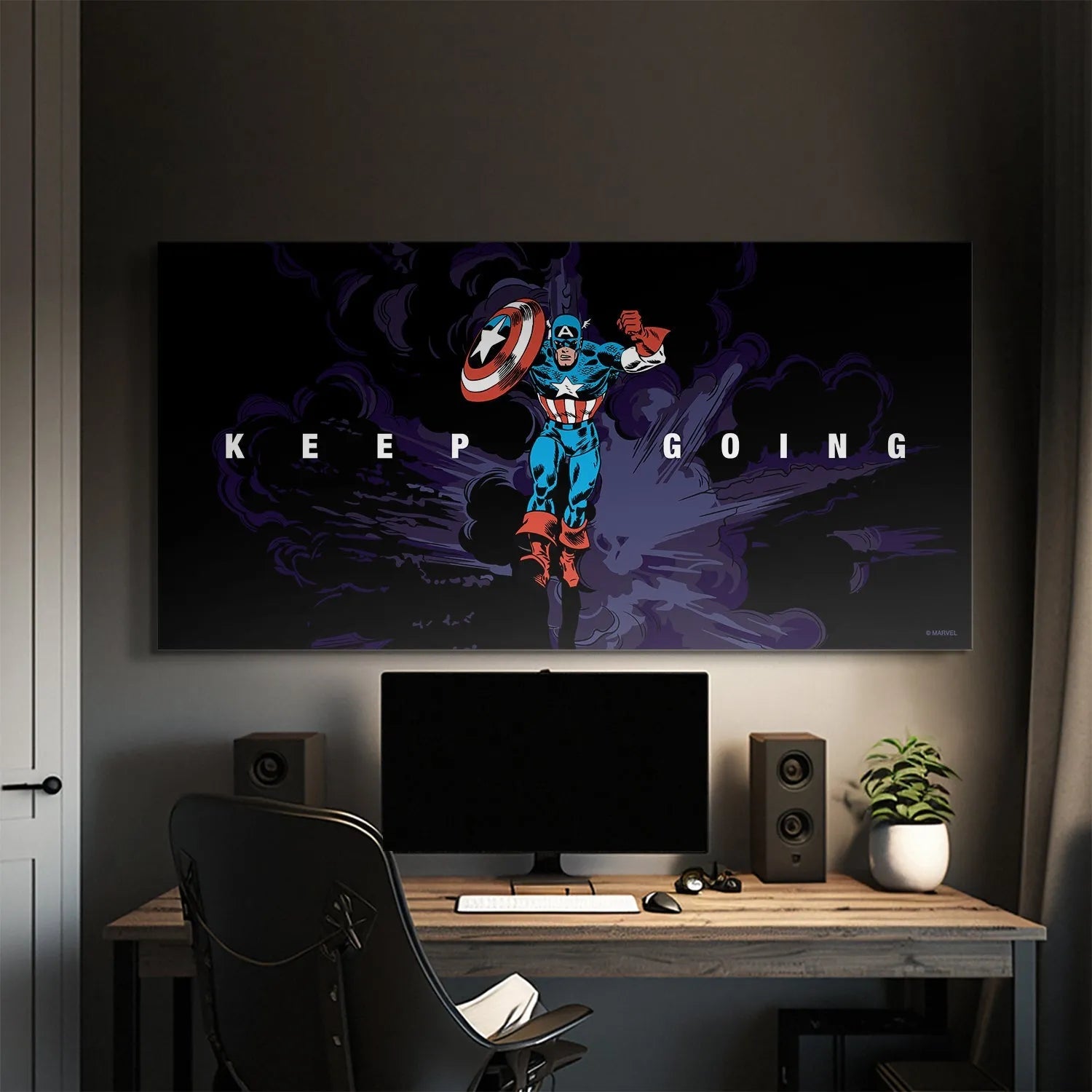 Lifestyle mock-up of the framed Marvel - Captain America - Keep Going hanging in a modern office setting.