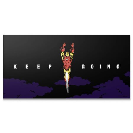 Marvel - Iron Man - Keep Going full illustration showing Iron Man flying above stylized purple clouds.