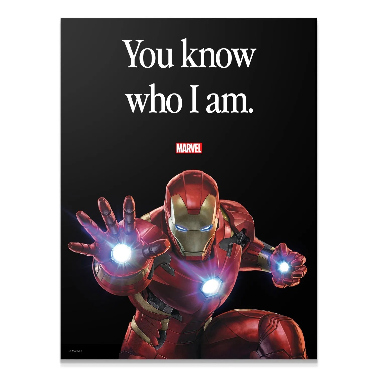 Close-up of Iron Man's repulsor hand glowing against the black backdrop: Marvel - Iron Man - You Know Who I Am.