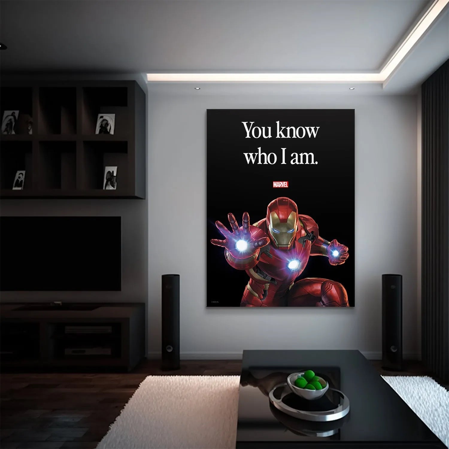 Lifestyle mock-up of the framed collectible print displayed in a fan's modern room: Marvel - Iron Man - You Know Who I Am.