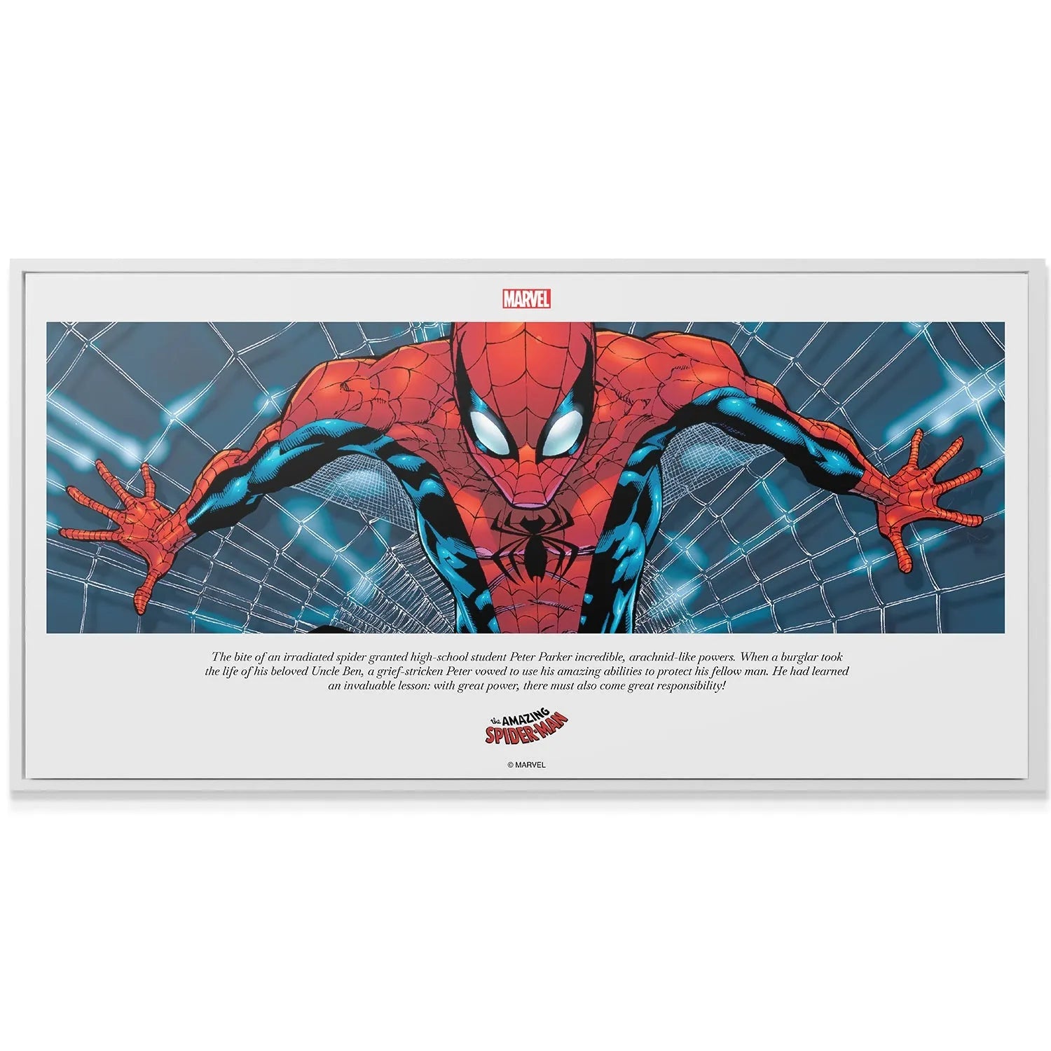 Studio shot emphasizing the rectangular, white-bordered presentation of the Marvel - Spider-Man - Great Responsibility poster print.
