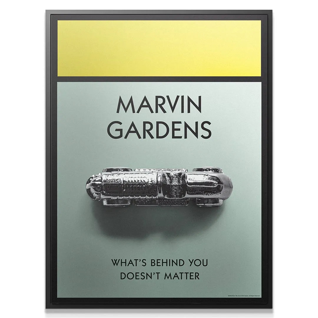 Close-up texture detail of the reflective chrome race car token on the Marvin Gardens 3D poster.